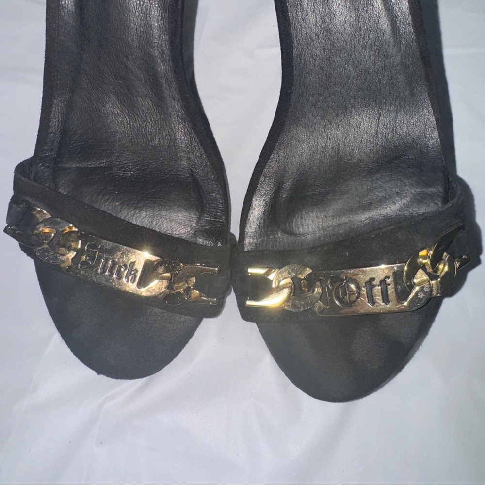 Jeffrey Campbell Malice Shoe "F-u-c-k  Off" Black Suede Gold Chain Heel Size 8.5 - Picture 3 of 14
